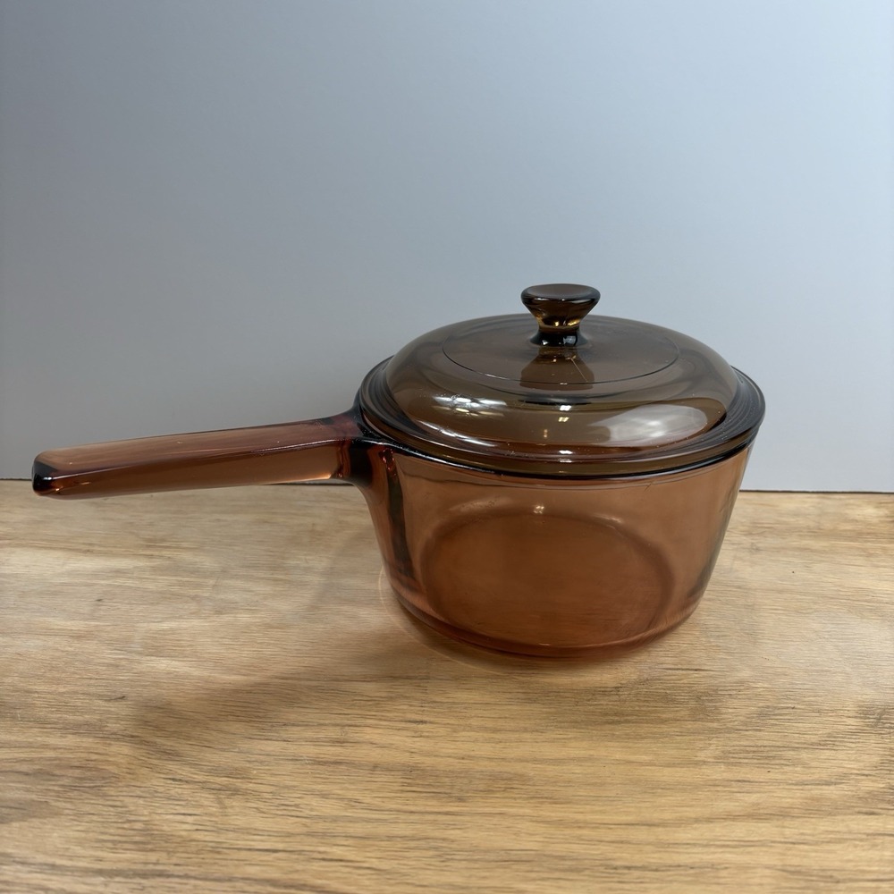 Vintage Corning Visions Amber Glass 1.5L Saucepan w/ V-40-A Lid Made in France